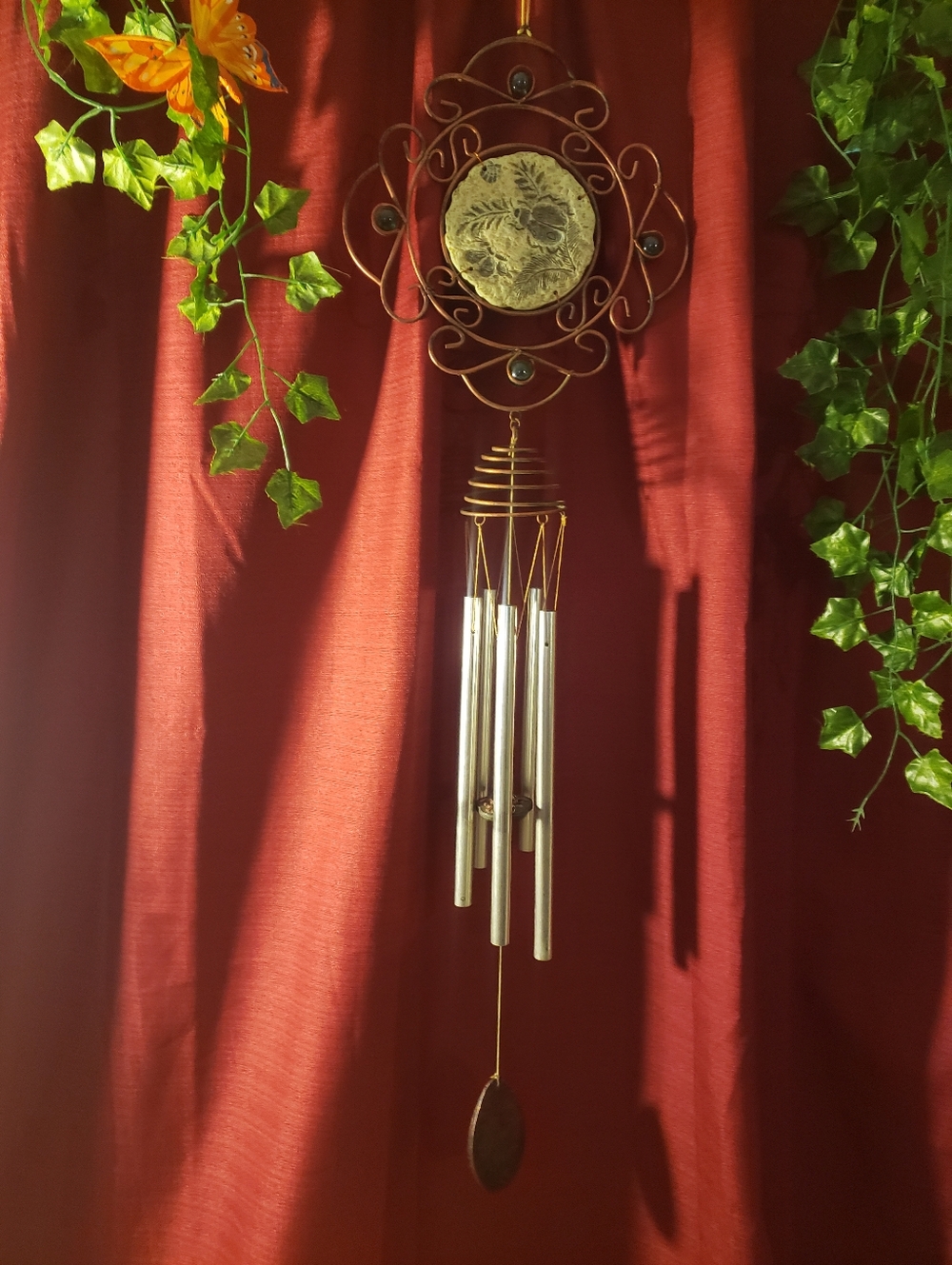 Vintage Copper Filigree Wind Chime – Butterfly & Fern Fossil Resin Center 36"